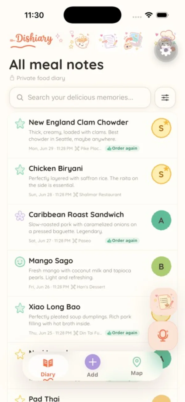 Dishiary home feed with A to F meal grades and photo history — no calorie counts
