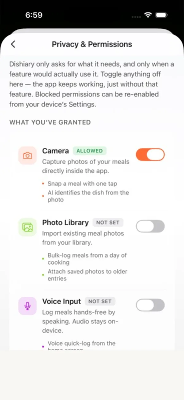 Dishiary privacy and permissions screen showing export and deletion controls