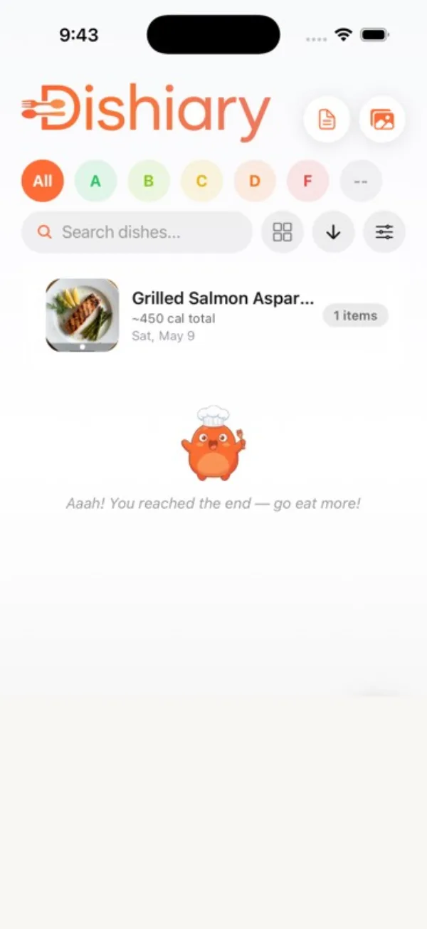 Dishiary suggested meal details screen showing editable dish name, grade, and notes from a photo